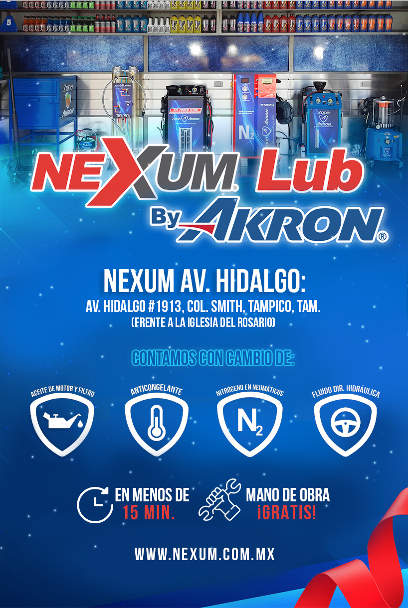 Premiamos tu Lealtad... ¡Solicita tu Tarjeta de Cliente Frecuente! Junta 2 Servicios para tu vehículo y llévate ¡GRATIS! una de las siguientes tres opciones: *Un cupón por $50.00 válido para Cambio de: Dirección Hidráulica o Anticongelante. *Filtro ¡GRATIS! en tu siguiente Cambio de Aceite. *Souvenir Akron. *= Incluye al realizar tu servicio: Cambio de Aire a Nitrógeno en tus 4 neumáticos. Válido en Nexum Lub by Akron ubicada en Nexum Hidalgo, Av. Hidalgo #1913, Col. Smith, Tampico, Tam. Aplican restricciones.